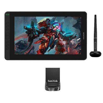 Kit Mesa Digitalizadora Huion Kamvas 13 + Pen Drive 64GB SanDisk Ultra Fit, USB 3.2 Gen 1, Leitura de 300MB/s, Preto