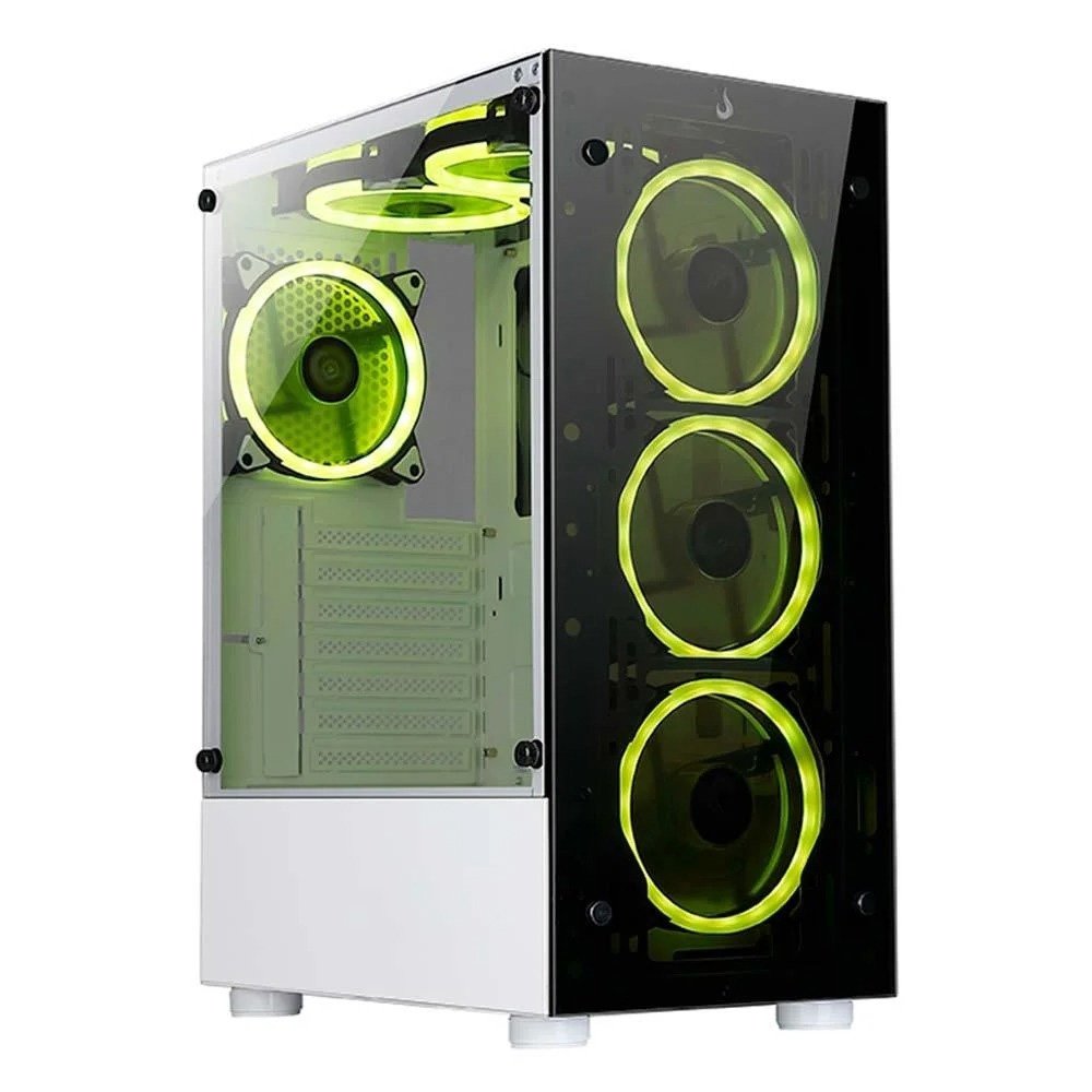 Gabinete Gamer Rise Mode Glass 06X Frost, Mid Tower, ATX, Frontal e Lateral em Vidro Temperado, Sem FANs, Branco + Ventoinha Rise Mode Galaxy Motherboard, 120mm, RGB, Preto