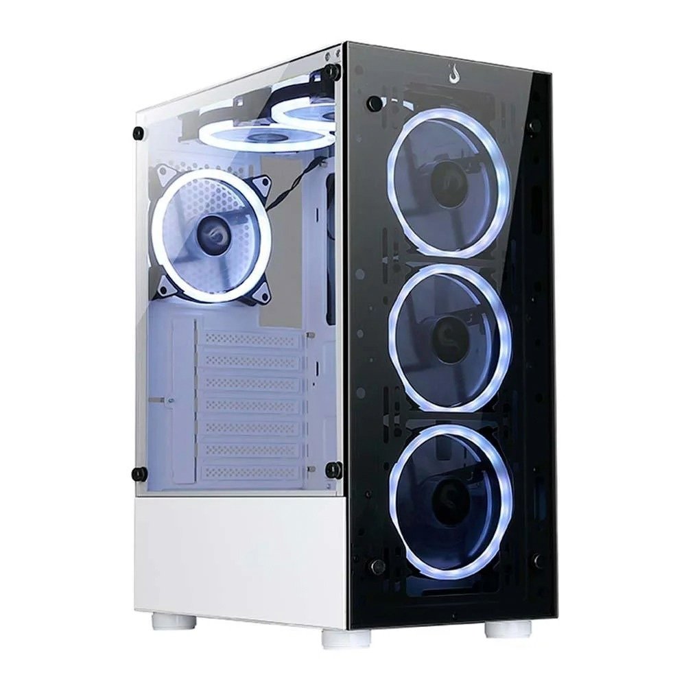 Gabinete Gamer Rise Mode Glass 06X Frost, Mid Tower, ATX, Frontal e Lateral em Vidro Temperado, Sem FANs, Branco + Ventoinha Rise Mode Galaxy Motherboard, 120mm, RGB, Preto