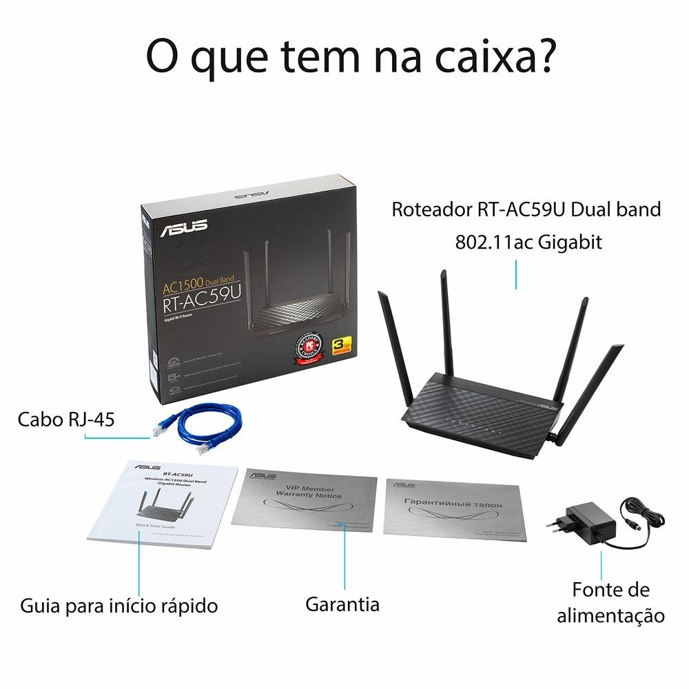 Roteador Asus RT-AC59U, Dual Band AC 1500Mbps, 4 Antenas - 90IG0540-BY8400 Roteador Asus RT-AC59U, Dual Band AC 1500Mbps, 4 Antenas - 90IG0540-BY8400
