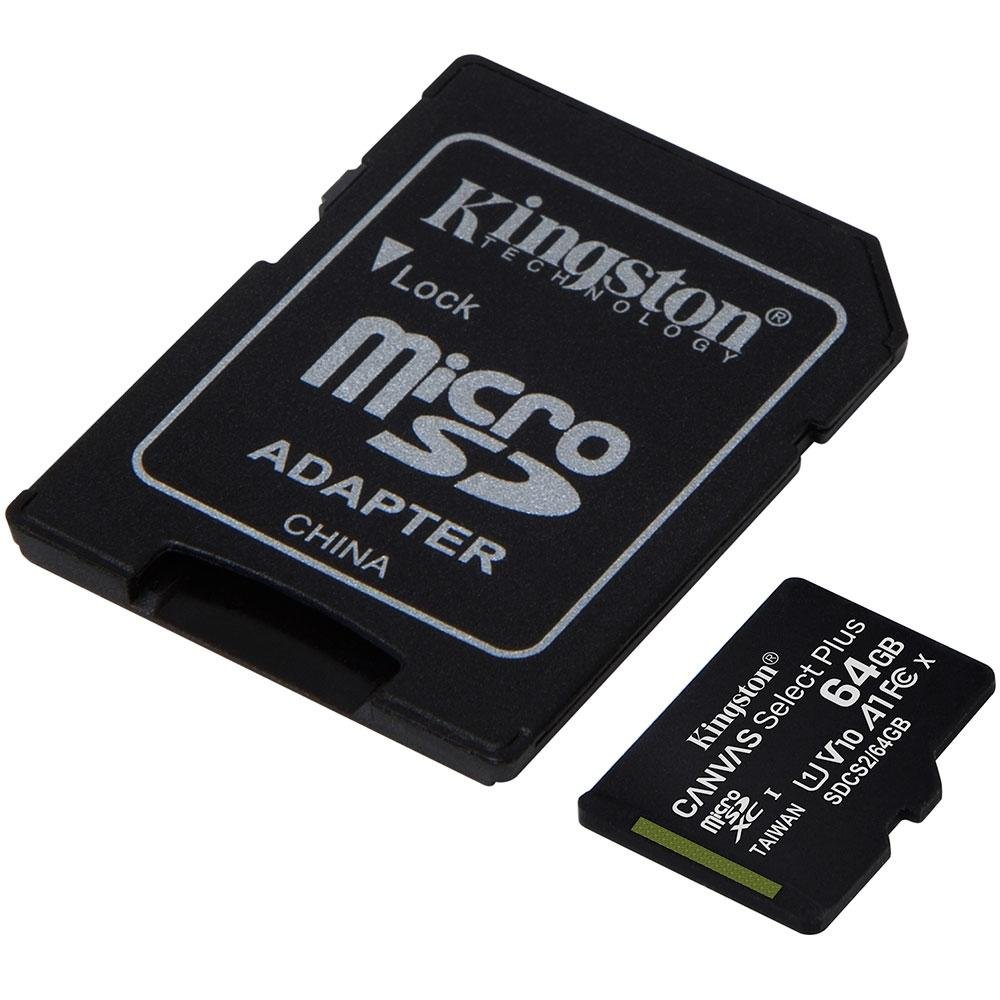 Cartão de memória Kingston microSD de 64GB Canvas Select Plus - 100MB/s - Classe 10 com adaptador SD - SDCS2/64GB Cartão de memória Kingston microSD de 64GB Canvas Select Plus - 100MB/s - Classe 10 com adaptador SD - SDCS2/64GB