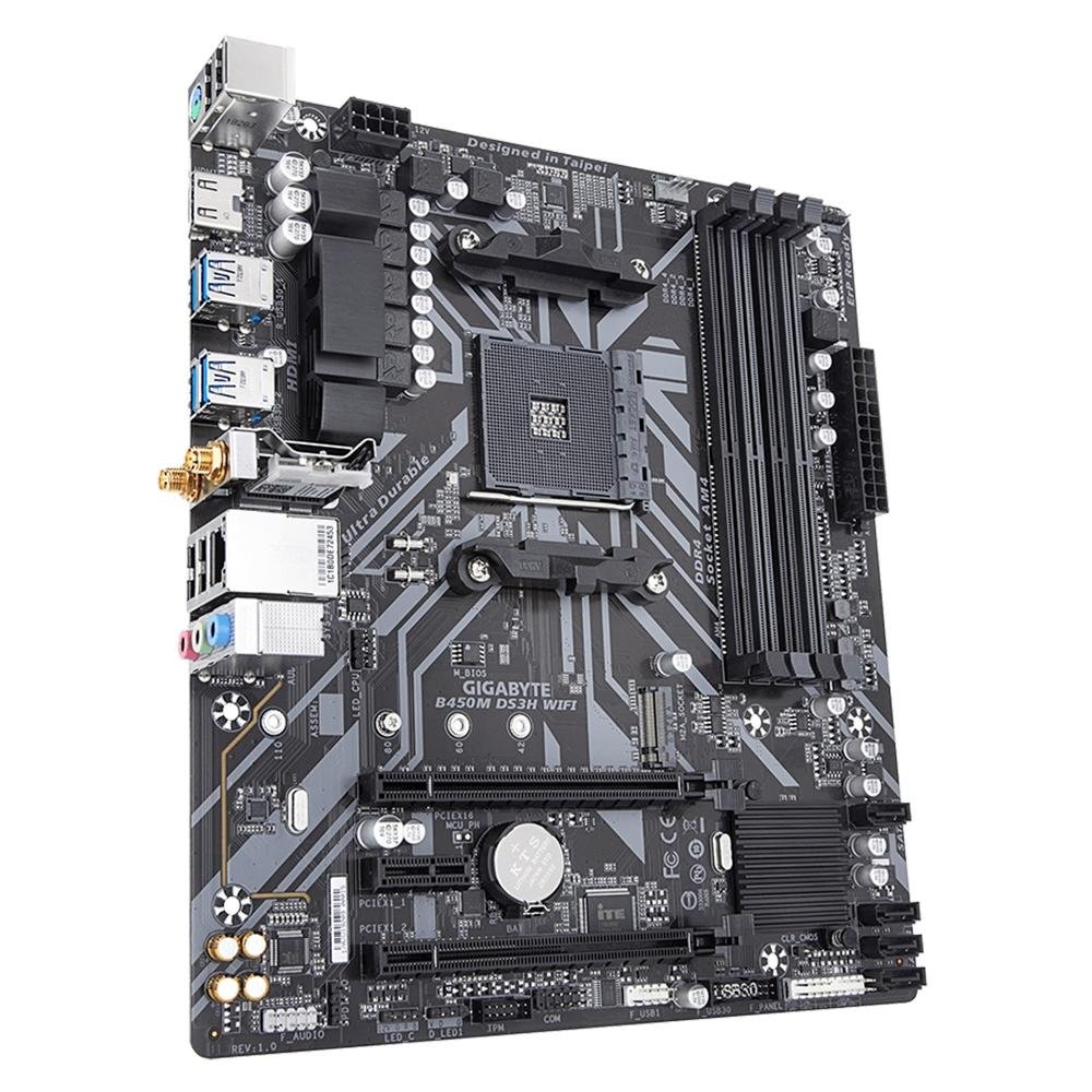 Placa-Mãe Gigabyte B450M DS3H Wi-Fi, AMD AM4, Micro ATX, DDR4, Preto - B450M DS3H WIFI Placa-Mãe Gigabyte B450M DS3H Wi-Fi, AMD AM4, Micro ATX, DDR4, Preto - B450M DS3H WIFI