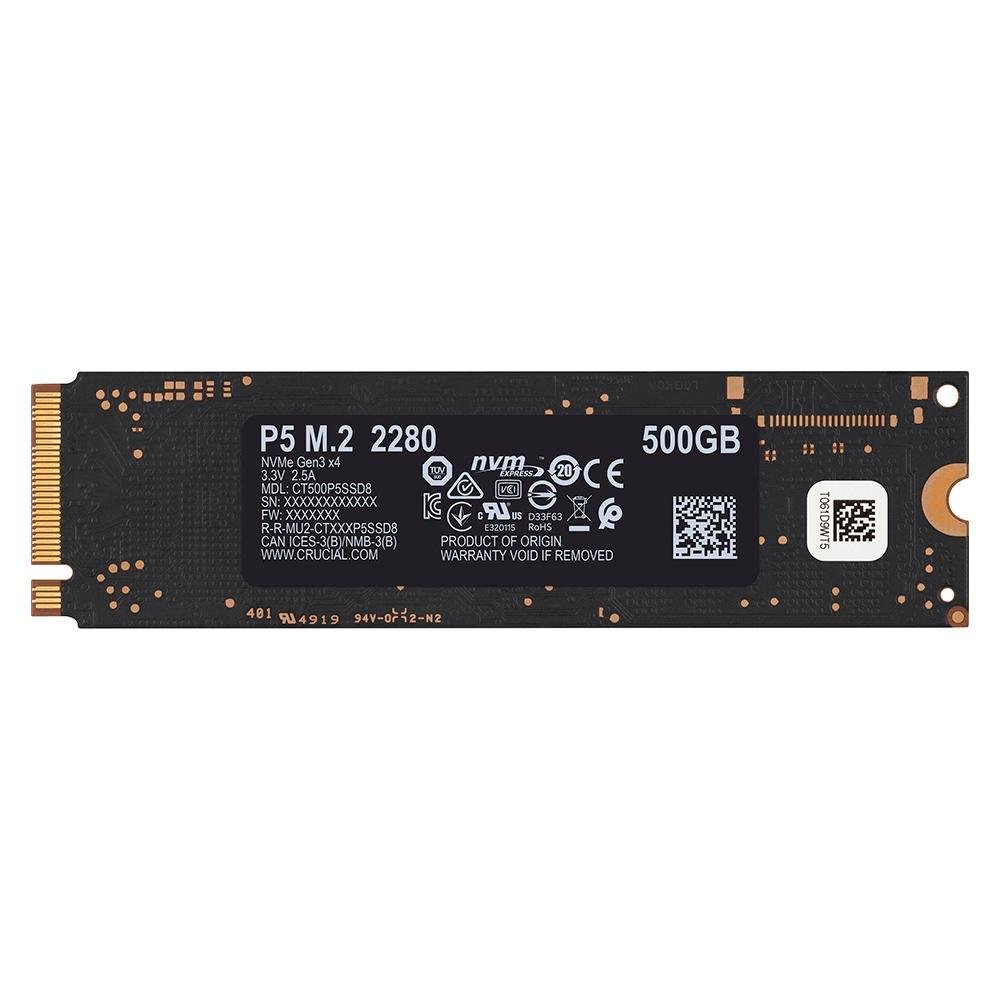 Crucial P5 500GB NVMe M.2 SSD 本体 SSD Crucial P5, 500GB, M.2 NVMe, Leituras: 3400Mb/s e Gravações