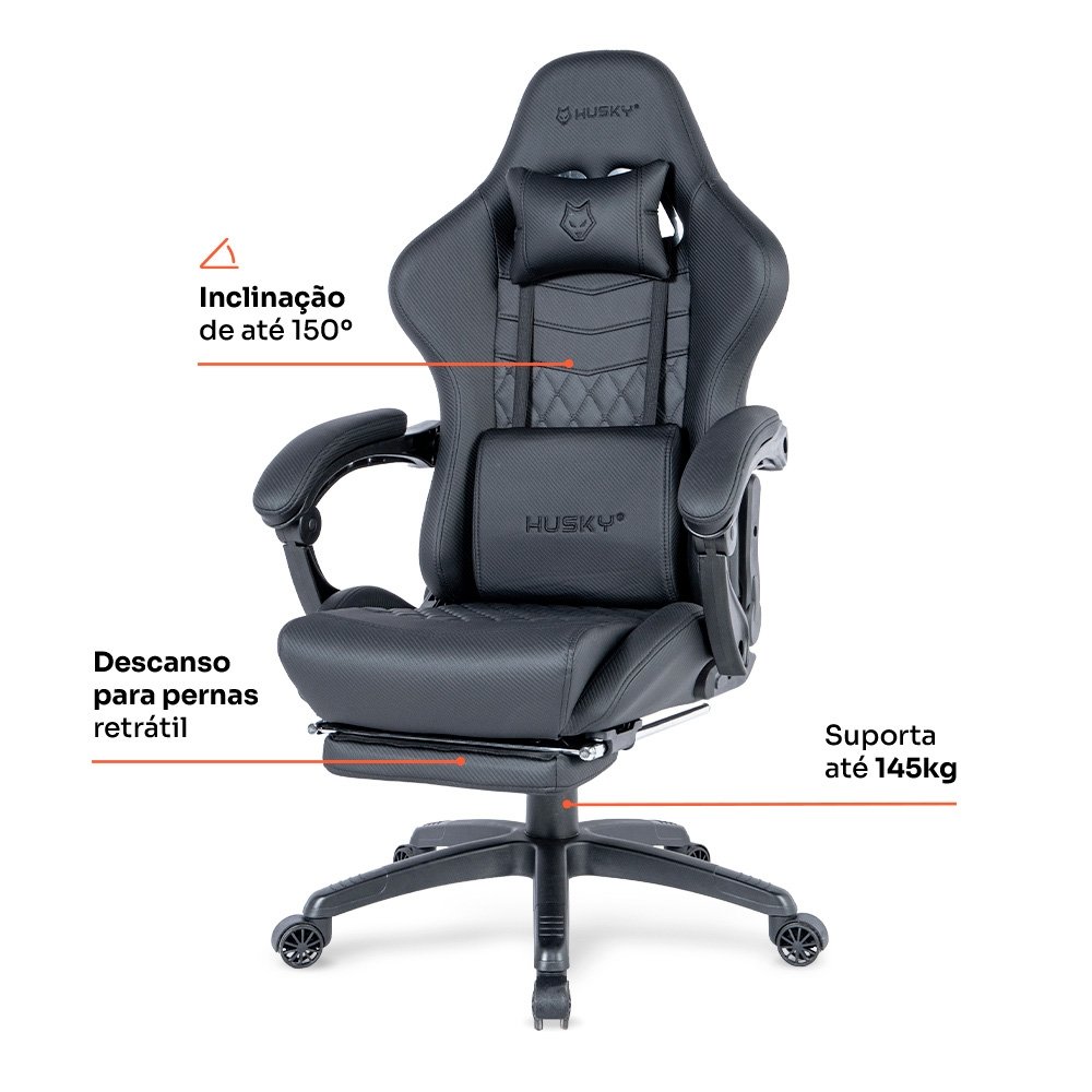Cadeira Gamer Husky Tempest 700, Até 145kg, Almofadas, Reclinável 150º, PU, Descanso para Pés, Preta - HCG700PT - view 6