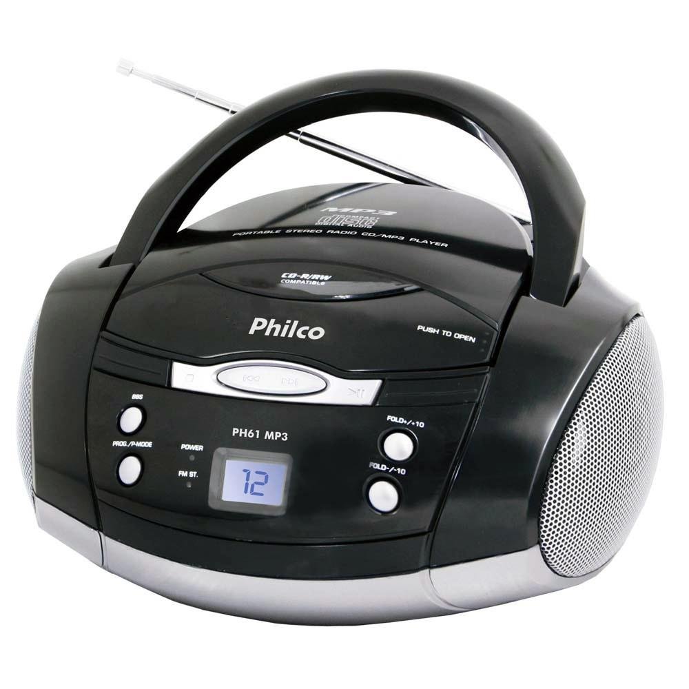 Rádio Portátil Philco - CD, MP3, Aux. e FM 3,4W RMS Bivolt Preto/Prata - PH61 056603147 Rádio Portátil Philco - CD, MP3, Aux. e FM 3,4W RMS Bivolt Preto/Prata - PH61 056603147