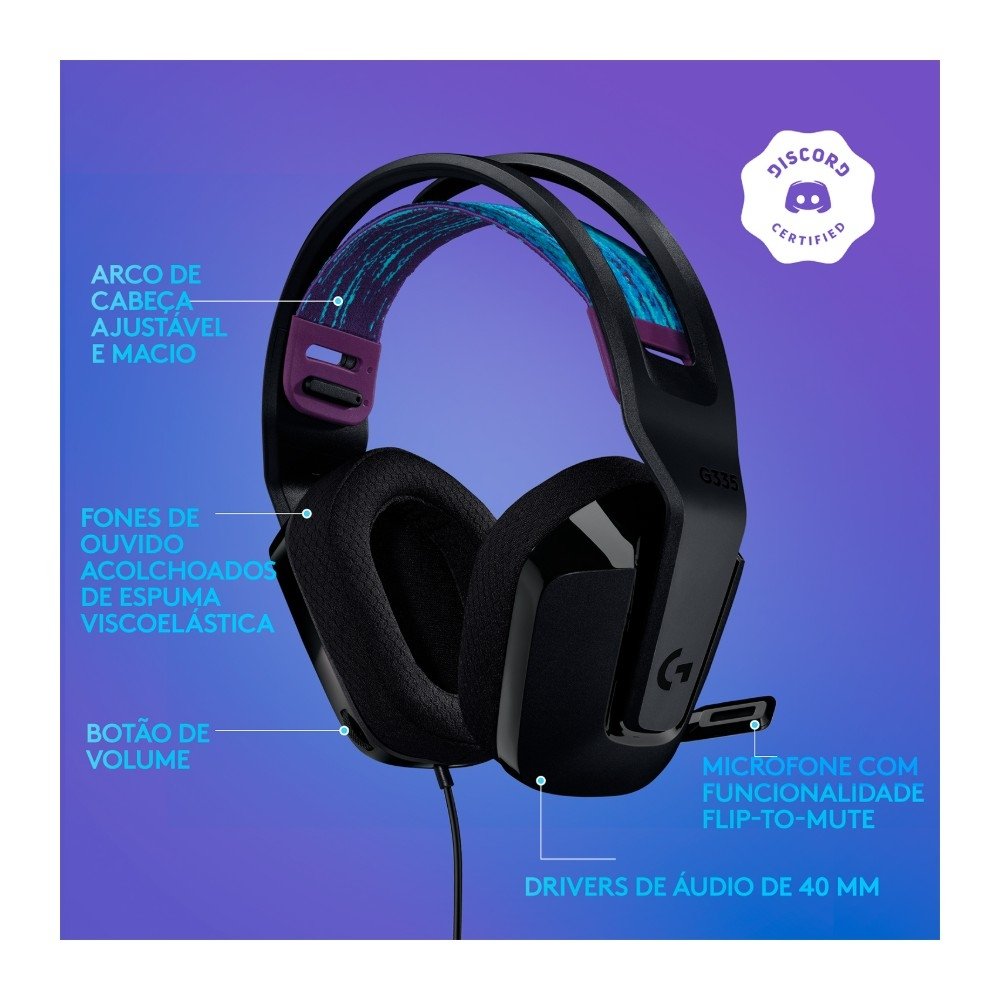 Headset Gamer Logitech G335, 3.5mm para PC/PlayStation/Xbox/Switch/Mobile, Driver 40mm, Arco Ajustável, Preto - 981-000977
