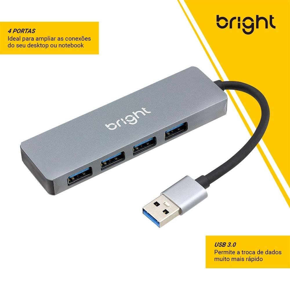HUB USB 3.0 Bright, 4 Portas, 5Gbps, Compacto, Plug And Play - 598