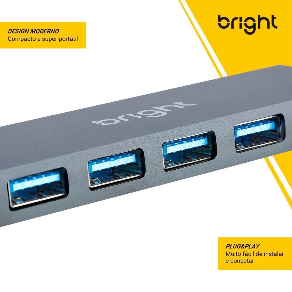 HUB USB 3.0 Bright, 4 Portas, 5Gbps, Compacto, Plug And Play - 598