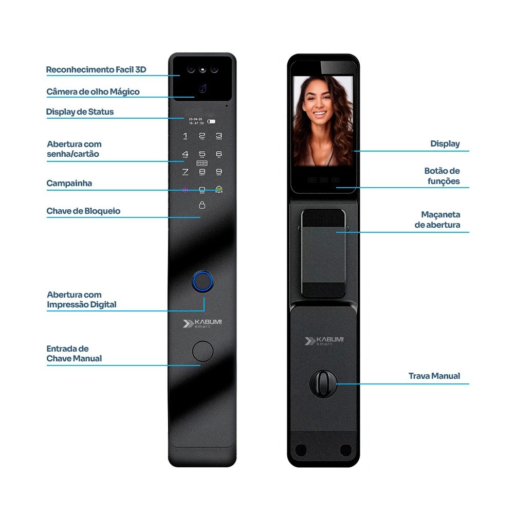 Fechadura Digital KABUM! smart Security, Com maçaneta, Reconhecimento Facial, Biometria, Controle via app, Preto - KSFD700PT Fechadura Digital KABUM! smart Security, Com maçaneta, Reconhecimento Facial, Biometria, Controle via app, Preto - KSFD700PT