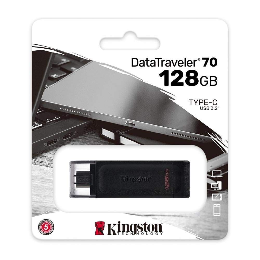 Pen Drive 128GB Kingston DataTravaler 70, USB-C 3.2, Preto - DT70/128GB