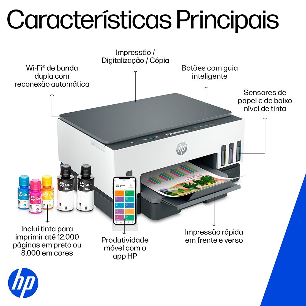 Impressora Multifuncional HP Smart Tank 724 Wi-Fi - Tanque de Tinta Colorida Duplex USB Bluetooth (2G9Q2A)
