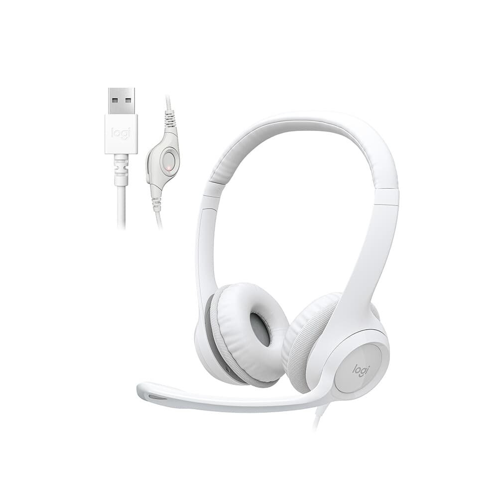 Headset Logitech H390, USB, com Almofadas, Controles de Áudio Integrado, Microfone com Redução de Ruído, Branco - 981-001285