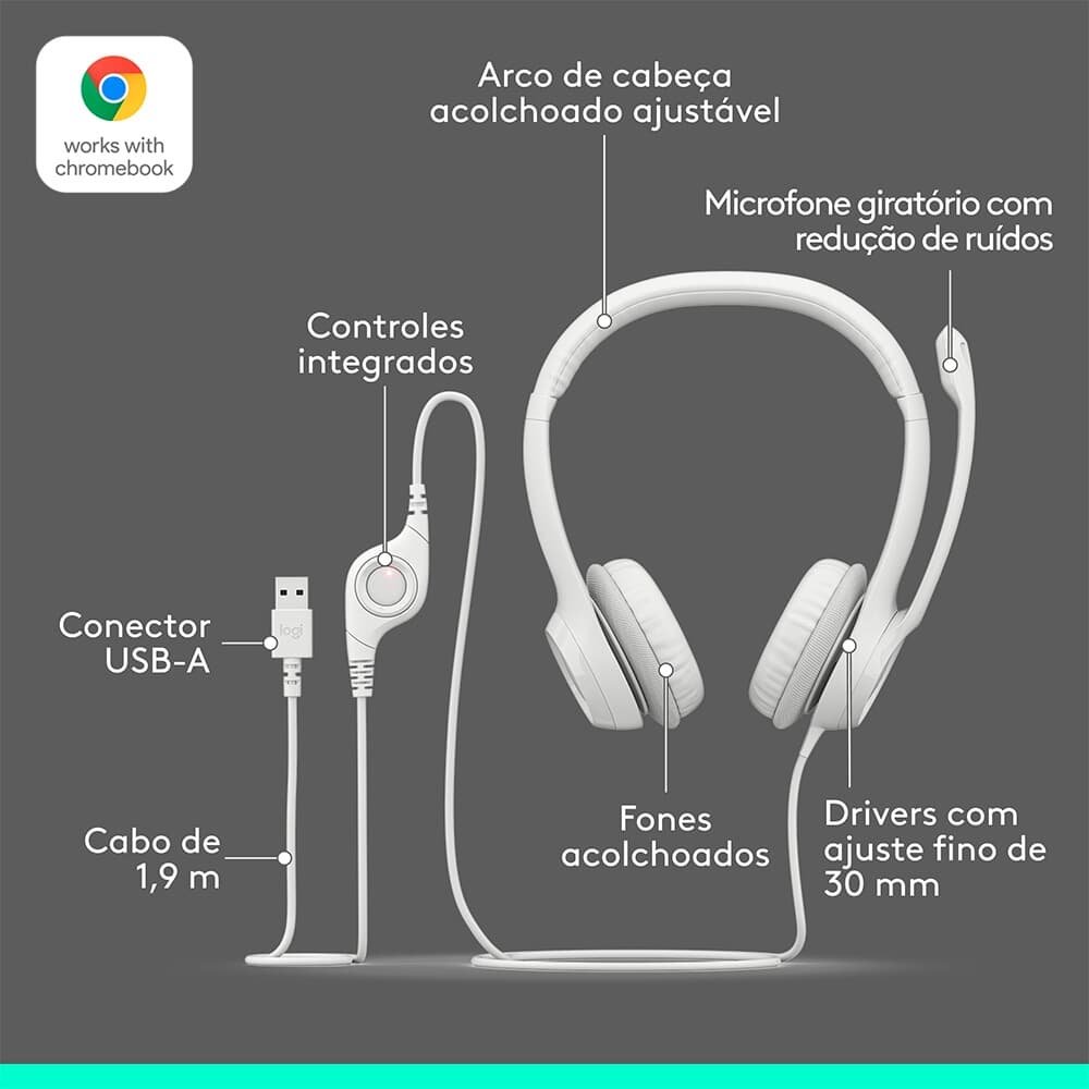 Headset Logitech H390, USB, com Almofadas, Controles de Áudio Integrado, Microfone com Redução de Ruído, Branco - 981-001285