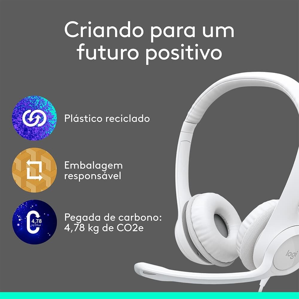 Headset Logitech H390, USB, com Almofadas, Controles de Áudio Integrado, Microfone com Redução de Ruído, Branco - 981-001285