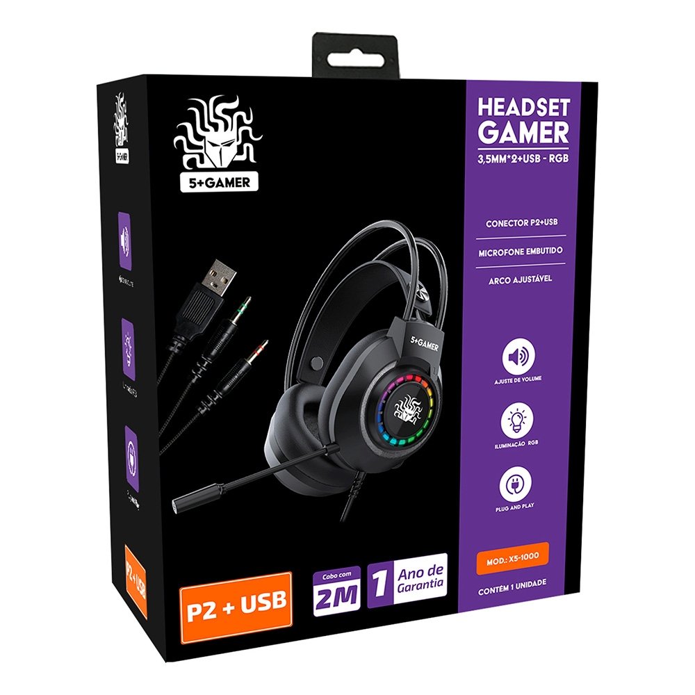 Headset Gamer 5+ X5-1000, RGB | KaBuM!