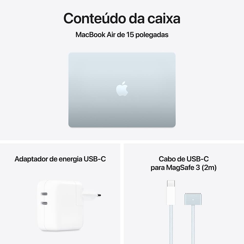 MacBook Air Apple 15" Chip M4, CPU 10 Núcleos, GPU 10 Núcleos, Neural Engine 16 Núcleos, 16GB, SSD 512GB, Azul-céu - MC7C4BZ/A MacBook Air Apple 15" Chip M4, CPU 10 Núcleos, GPU 10 Núcleos, Neural Engine 16 Núcleos, 16GB, SSD 512GB, Azul-céu - MC7C4BZ/A