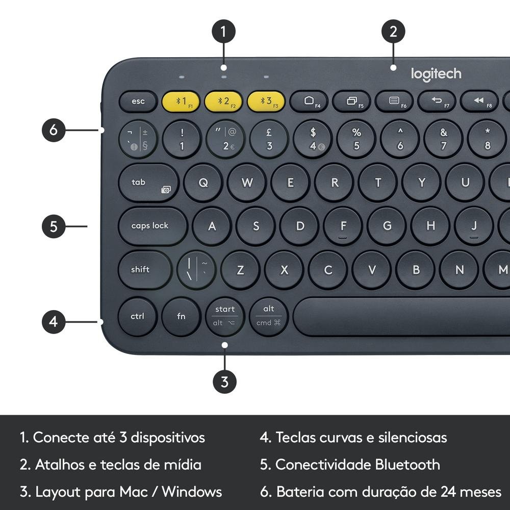 Teclado Logitech K Bluetooth Multi Device Pc Mac Chrome Os Android Ios Apple Tv Cinza Us