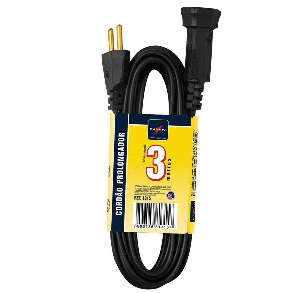 Extensão Daneva Cordão Prolongador PP 2x0,75mmx3m Preto 2P-10A DN1315