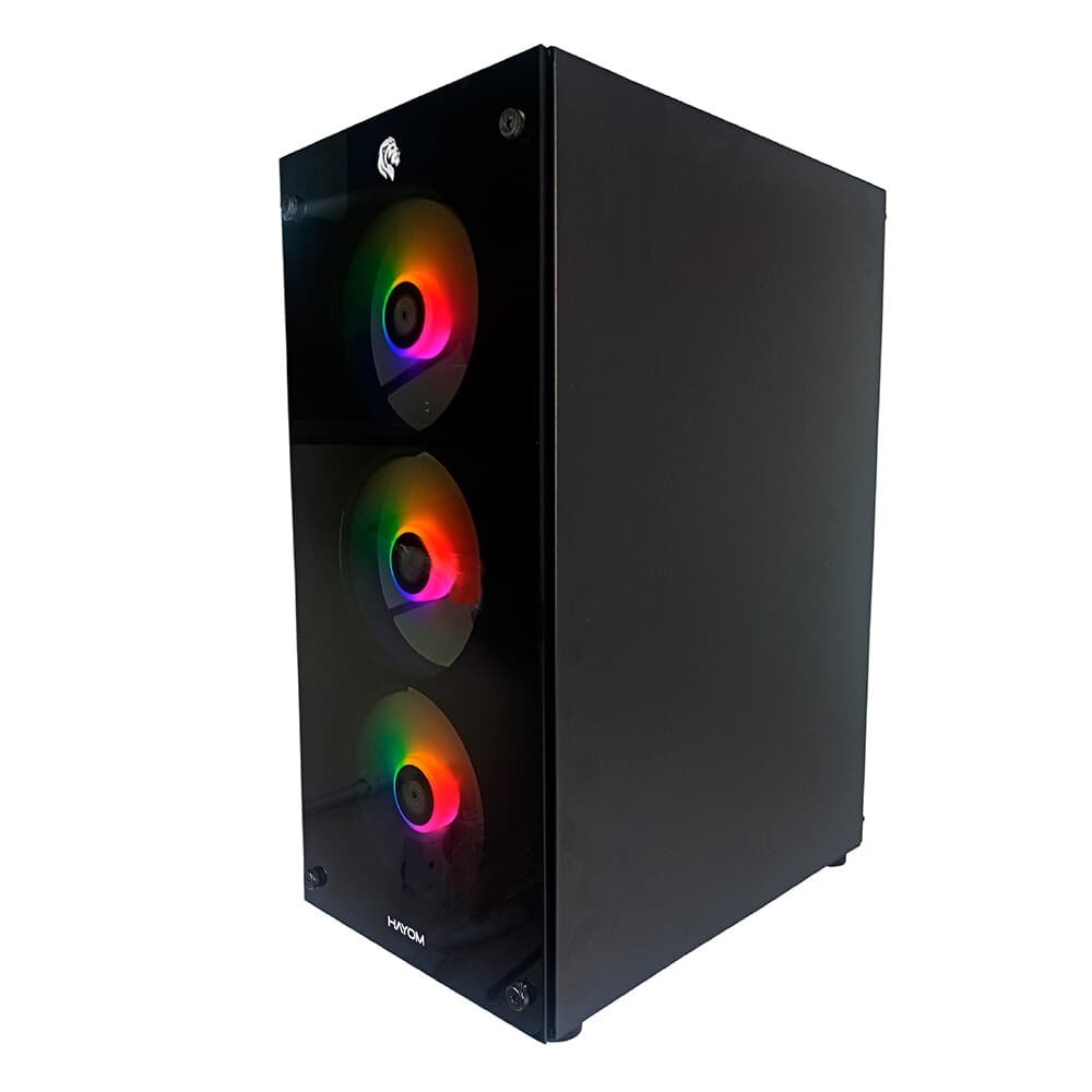 Gabinete Gamer HAYOM GB1769, Mid Tower, Lateral em Vidro, 3X Fans, Preto - GB.17.10.69 Gabinete Gamer HAYOM GB1769, Mid Tower, Lateral em Vidro, 3X Fans, Preto - GB.17.10.69