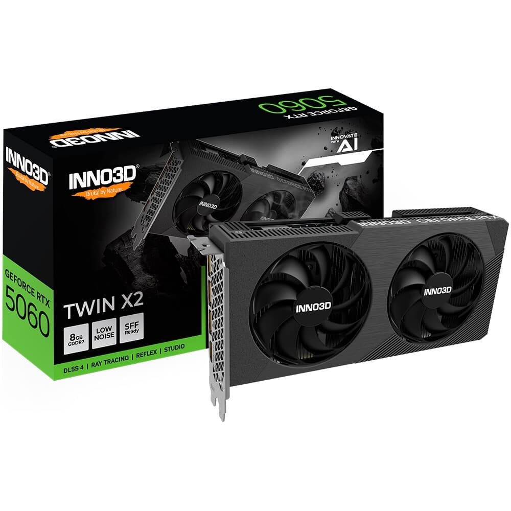 Placa de Video Inno3D RTX 5060 Twin X2 NVIDIA Geforce, 8GB, 128bits, 2497MHz, FP4 e DLSS 4, Ray Tracing – N50602-08D7-195071N