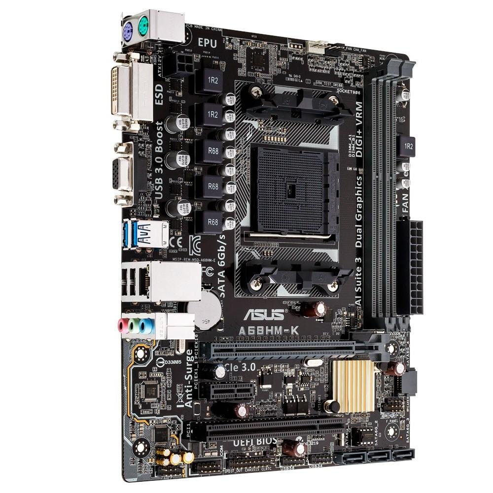 Placa-Mãe ASUS p/ AMD FM2+ mATX A68HM-K, 2x DDR3 DVI/VGA, USB 3.0 Boost (Suporta UASP), Digi+ VRM e EPU, Bios UEFI, ESD Guards Placa-Mãe ASUS p/ AMD FM2+ mATX A68HM-K, 2x DDR3 DVI/VGA, USB 3.0 Boost (Suporta UASP), Digi+ VRM e EPU, Bios UEFI, ESD Guards