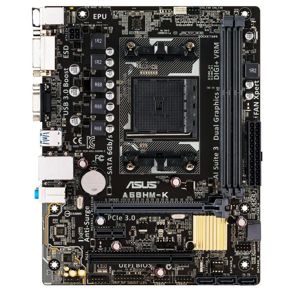 Placa-Mãe ASUS p/ AMD FM2+ mATX A68HM-K, 2x DDR3 DVI/VGA, USB 3.0 Boost (Suporta UASP), Digi+ VRM e EPU, Bios UEFI, ESD Guards Placa-Mãe ASUS p/ AMD FM2+ mATX A68HM-K, 2x DDR3 DVI/VGA, USB 3.0 Boost (Suporta UASP), Digi+ VRM e EPU, Bios UEFI, ESD Guards