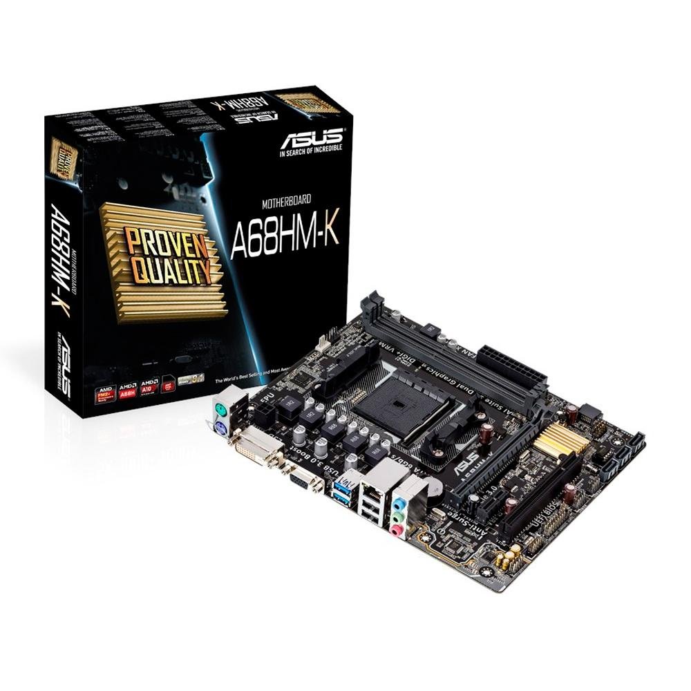 Placa-Mãe ASUS p/ AMD FM2+ mATX A68HM-K, 2x DDR3 DVI/VGA, USB 3.0 Boost (Suporta UASP), Digi+ VRM e EPU, Bios UEFI, ESD Guards Placa-Mãe ASUS p/ AMD FM2+ mATX A68HM-K, 2x DDR3 DVI/VGA, USB 3.0 Boost (Suporta UASP), Digi+ VRM e EPU, Bios UEFI, ESD Guards