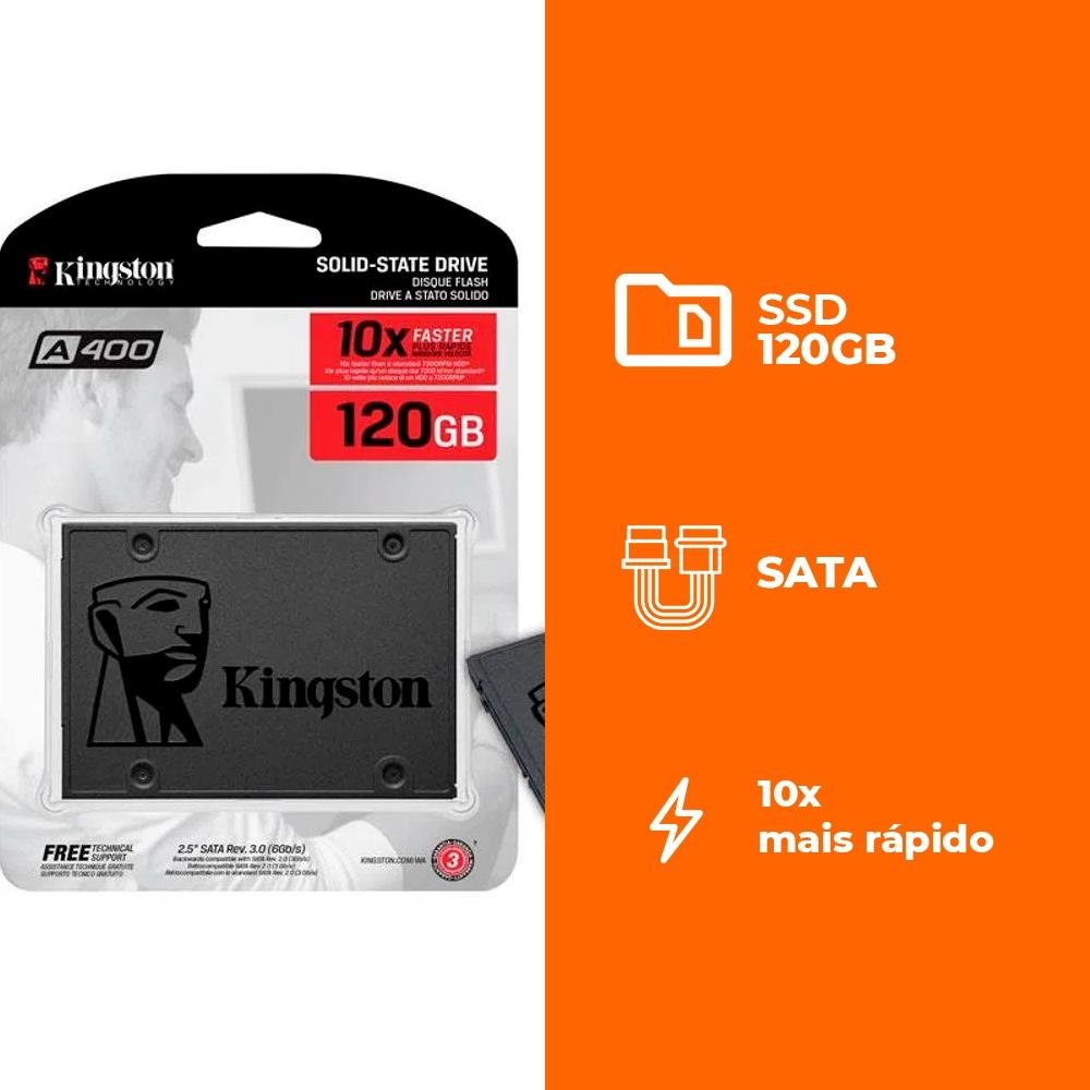 SSD Kingston A400, SATA, 120GB, 2.5", Leitura: 500MB/s e Gravação: 320MB/s, Preto - SA400S37/120G SSD Kingston A400, SATA, 120GB, 2.5", Leitura: 500MB/s e Gravação: 320MB/s, Preto - SA400S37/120G
