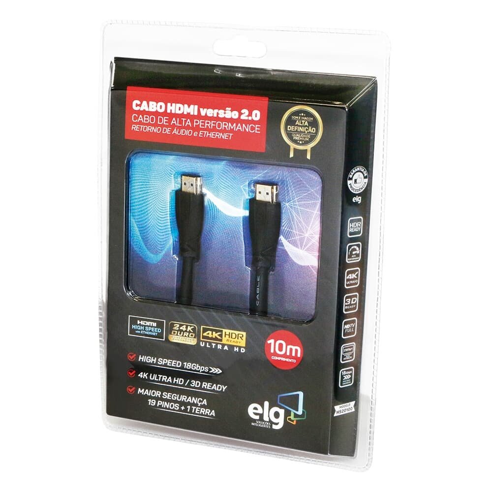 Cabo HDMI 2.0 4K Ultra HD ELG, 10 Metros, 3D Ready, Preto - HS20100