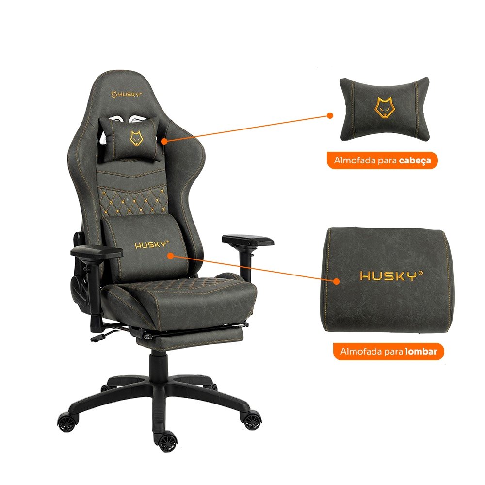 Cadeira Gamer Husky Tempest 4D, Até 145kg, Braços 4D, Almofadas, Reclinável 150º, PU, Descanso para Pés, Cinza -  HCG700CZ4D - view 4