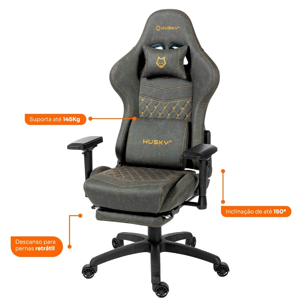 Cadeira Gamer Husky Tempest 4D, Até 145kg, Braços 4D, Almofadas, Reclinável 150º, PU, Descanso para Pés, Cinza -  HCG700CZ4D - view 7