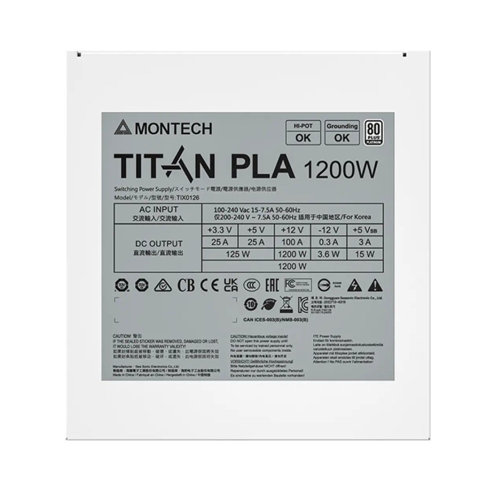Fonte Montech TITAN PLA, 1200W, 80 Plus Platinum, Full Modular, ATX 3.1, PFC Ativo, Branco - TITAN PLA 1200W Fonte Montech TITAN PLA, 1200W, 80 Plus Platinum, Full Modular, ATX 3.1, PFC Ativo, Branco - TITAN PLA 1200W