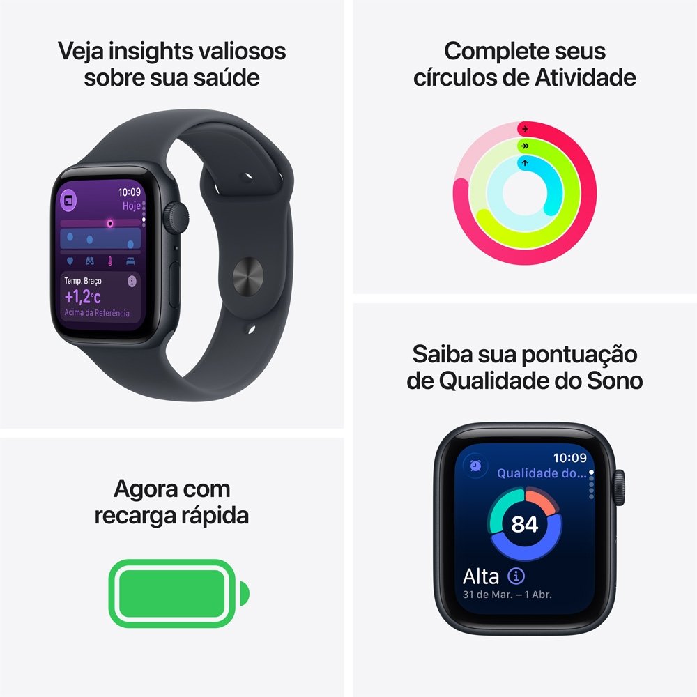 Apple Watch SE 3 GPS, Caixa Meia-noite de Alumínio de 44 mm, Pulseira Esportiva Meia-noite, Tamanho M/G - MEHQ4AM/A