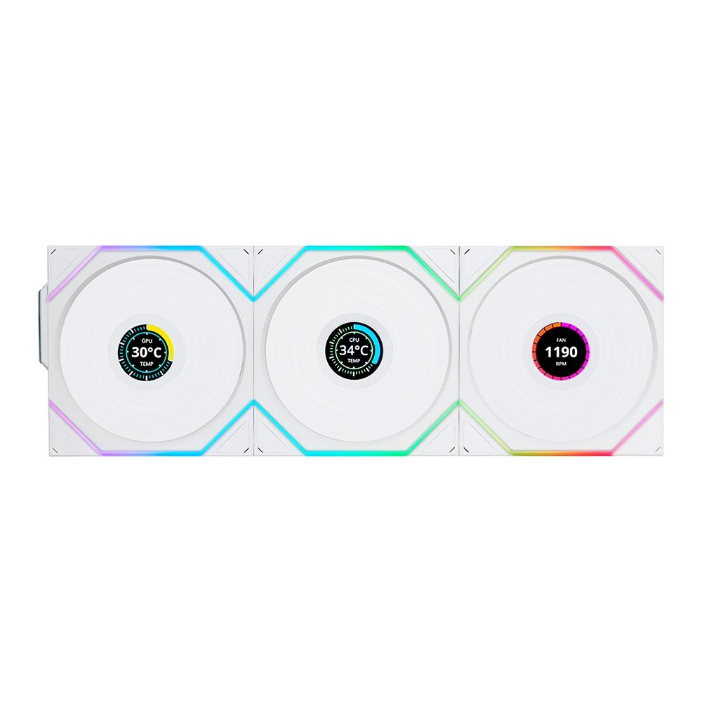 Kit com 3 Ventoinhas Lian Li UNI FAN TL LCD, 120mm, ARGB, Branco - 12TLLCD1W3W