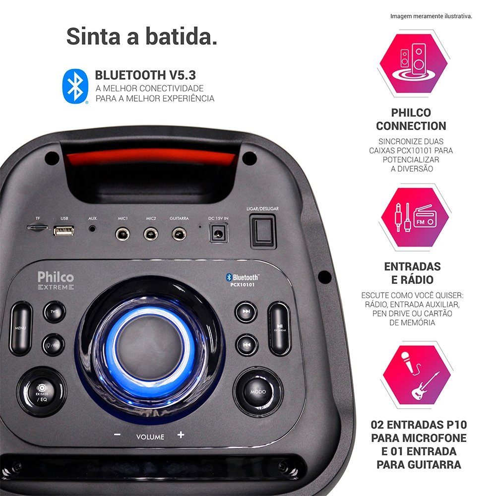 Caixa de Som Acústica Philco PCX10101, 2000W RMS, Bateria Interna (até 20h), Bluetooth e TWS, Preto - 56603810 Caixa de Som Acústica Philco PCX10101, 2000W RMS, Bateria Interna (até 20h), Bluetooth e TWS, Preto - 56603810