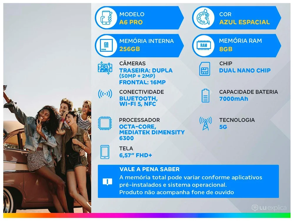 Smartphone OPPO A6 Pro 5G, 256GB, 8GB RAM, Câmera Dupla 50MP+2MP, Frontal 16MP, Tela 6.57", Azul Espacial Smartphone OPPO A6 Pro 5G, 256GB, 8GB RAM, Câmera Dupla 50MP+2MP, Frontal 16MP, Tela 6.57", Azul Espacial