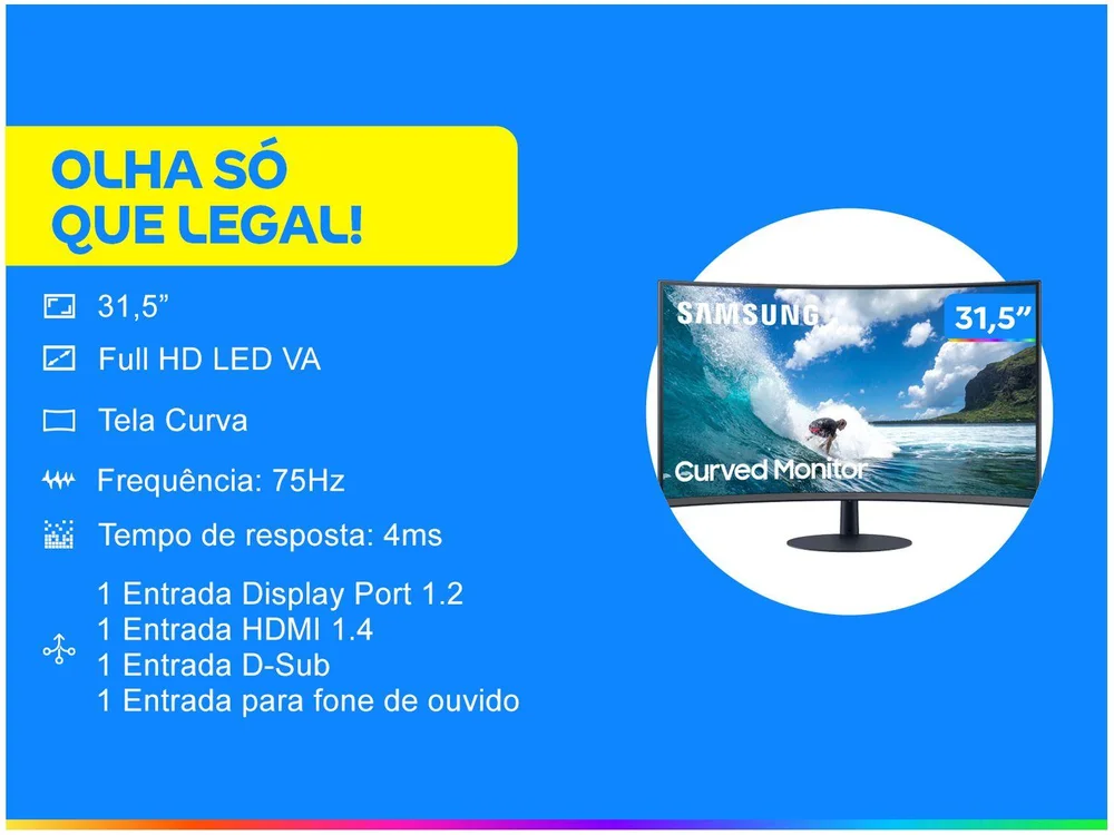 Monitor Curvo Samsung 32" FHD, speaker, HDMI, DP, VGA, 75hz, Freesync, CT550 Monitor Curvo Samsung 32" FHD, speaker, HDMI, DP, VGA, 75hz, Freesync, CT550