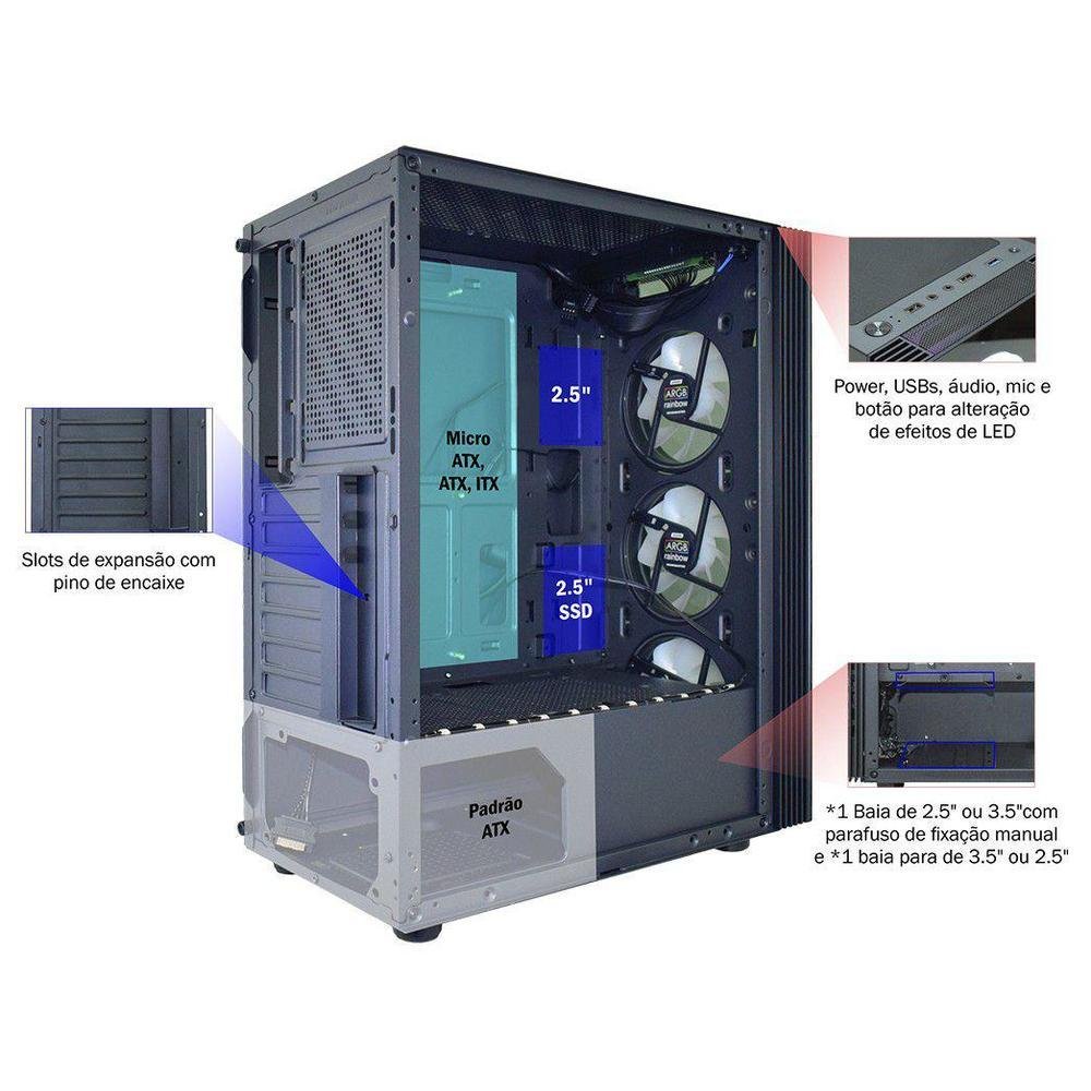 Gabinete Gamer K-mex, Asgard Ritmico, RGB, ATX, 3 FANs, Preto - CG-05Z5