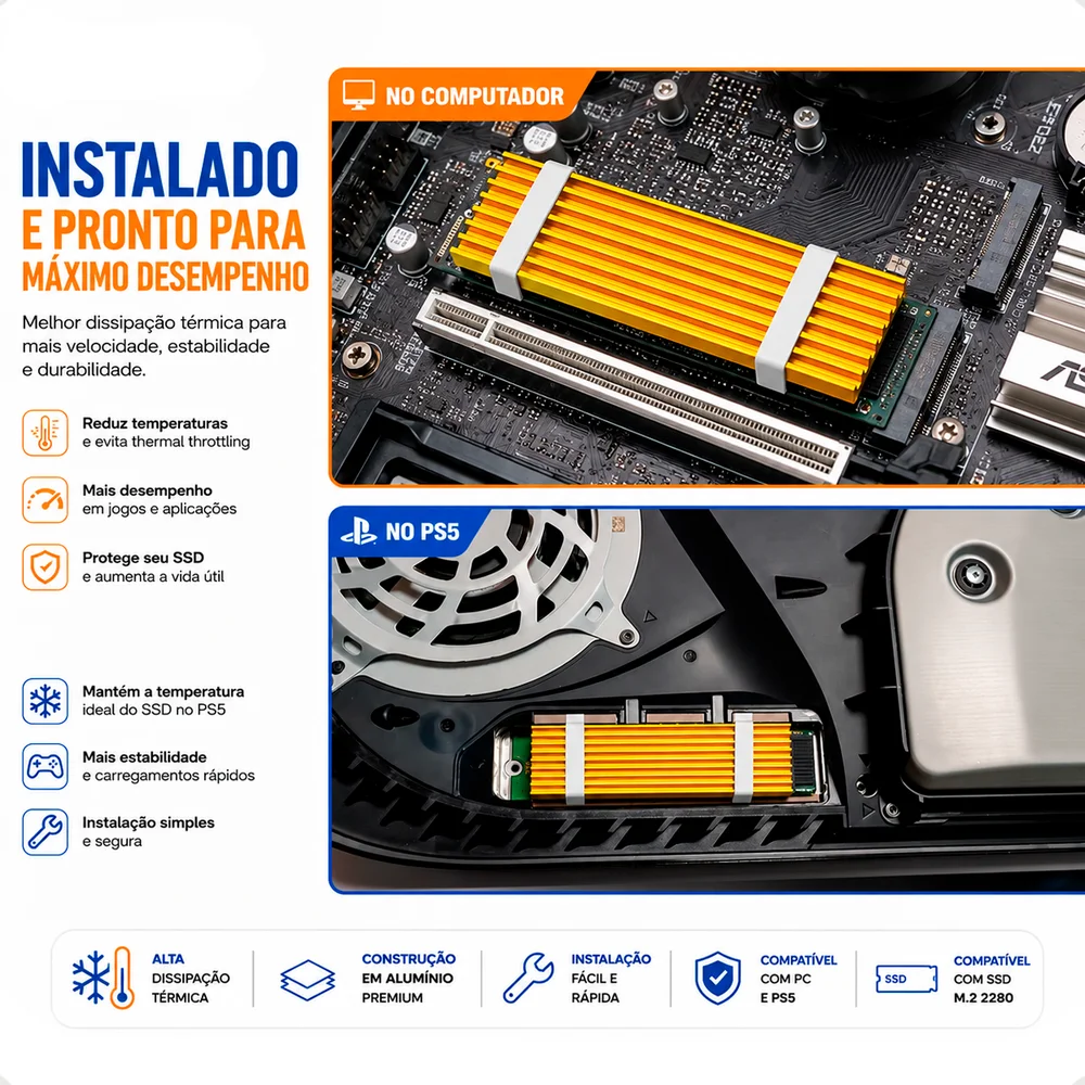 Dissipador SSD M.2 2280 Nvme/ngff 3mm Gold + Thermal Pad