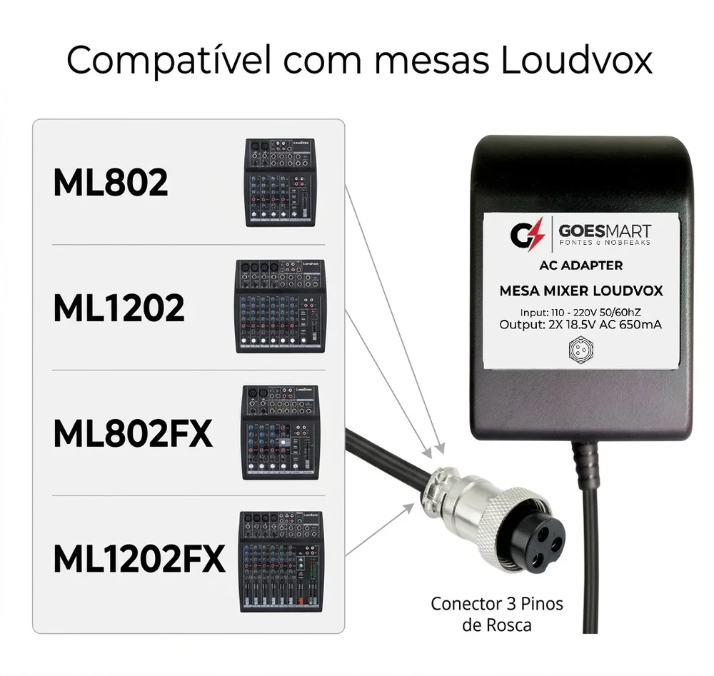 Fonte Mesa Som Loudvox Ml802 Ml1202 Fx 18,5v Ac X2 650ma