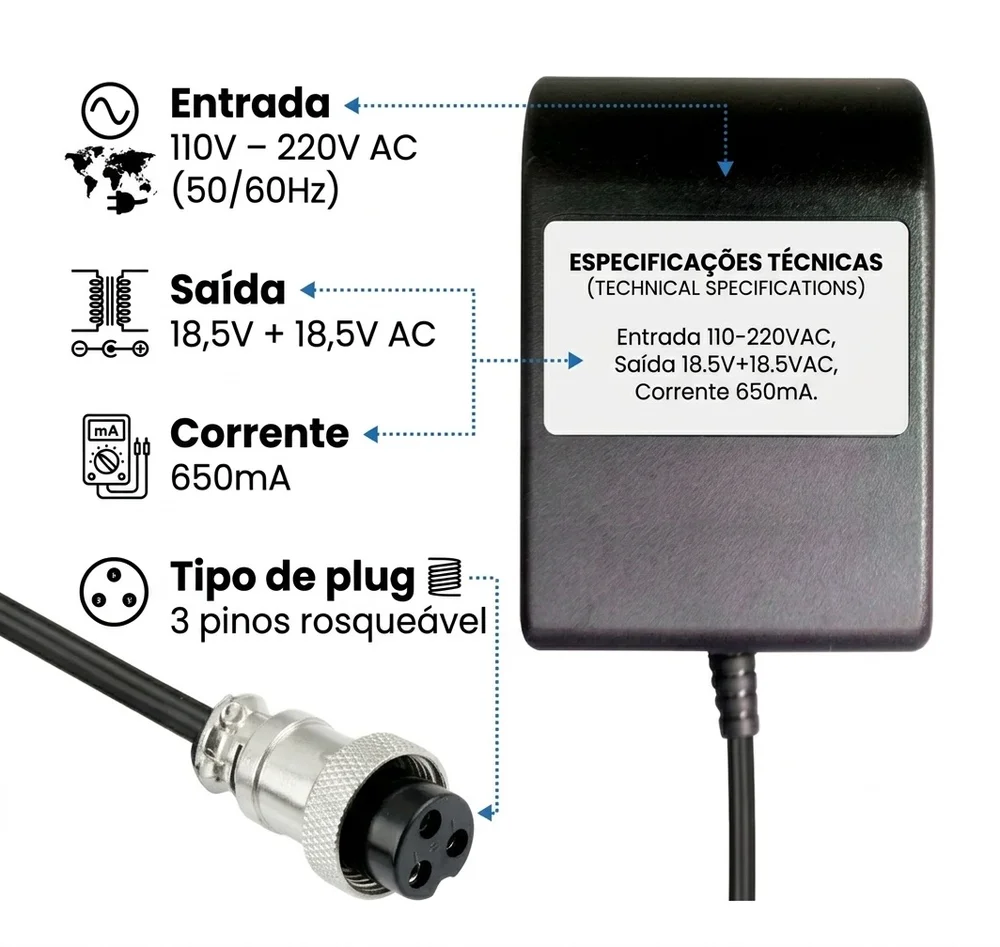 Fonte Mesa Som Loudvox Ml802 Ml1202 Fx 18,5v Ac X2 650ma