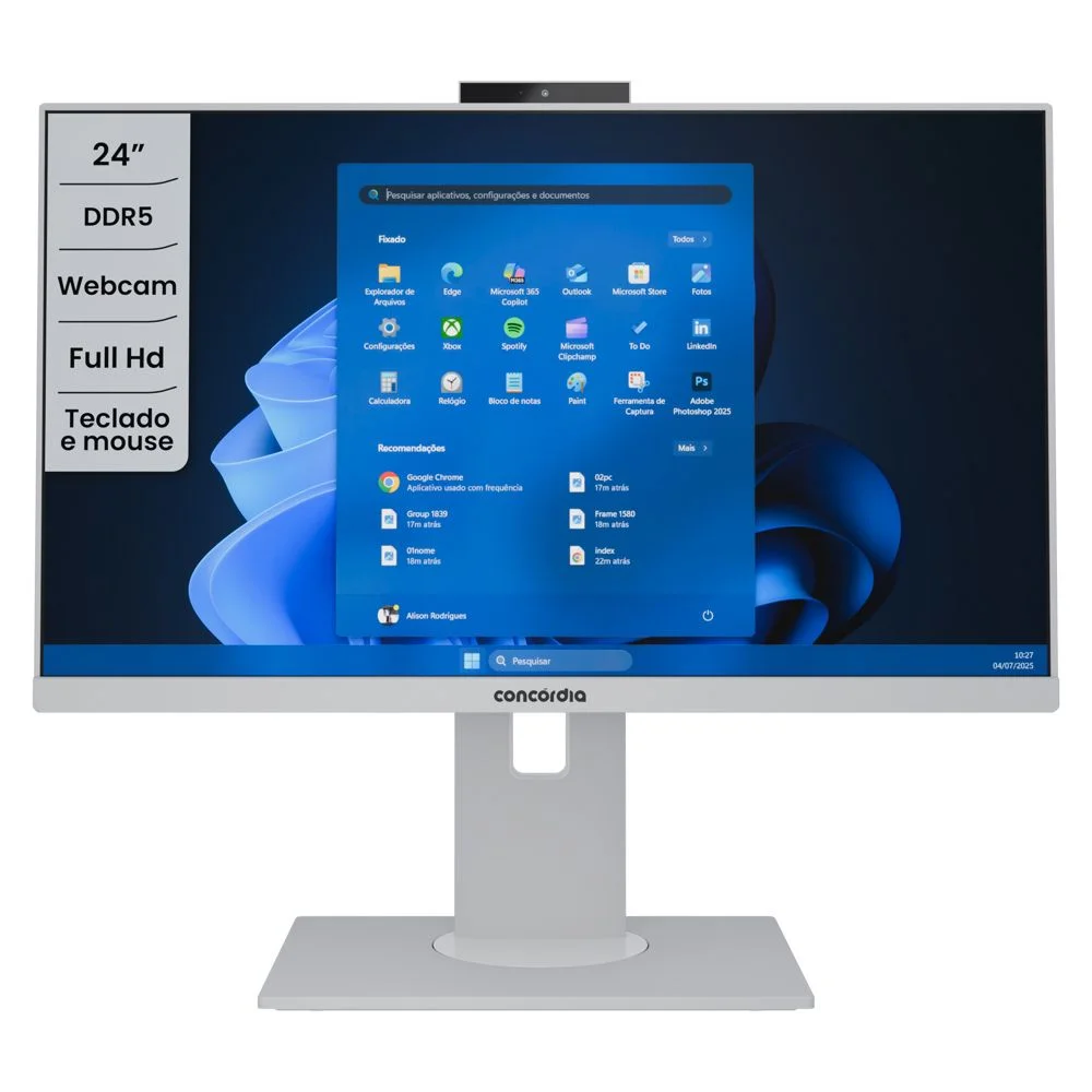 "Computador All In One Concórdia Core i5 14400 16gb Ddr5 SSD 512gb 23.8"" Full Hd  Webcam Wifi Freedos Branco" em Campinas - foto 3