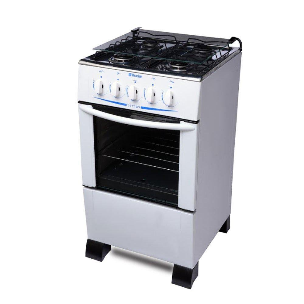 Fogão 4 Bocas, Mesa de Inox Sírius, Com Acendimento Manual, Braslar - Branco Fogão 4 Bocas, Mesa de Inox Sírius, Com Acendimento Manual, Braslar - Branco