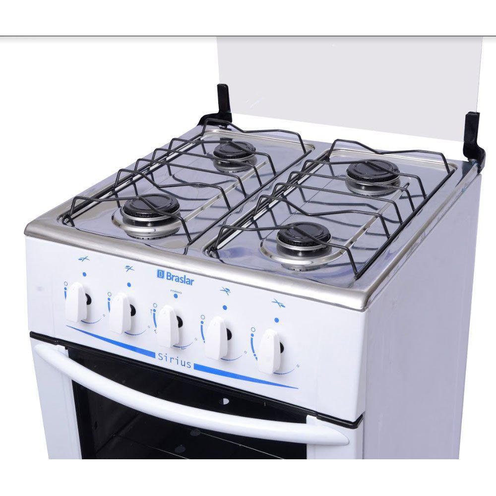 Fogão 4 Bocas, Mesa de Inox Sírius, Com Acendimento Manual, Braslar - Branco Fogão 4 Bocas, Mesa de Inox Sírius, Com Acendimento Manual, Braslar - Branco