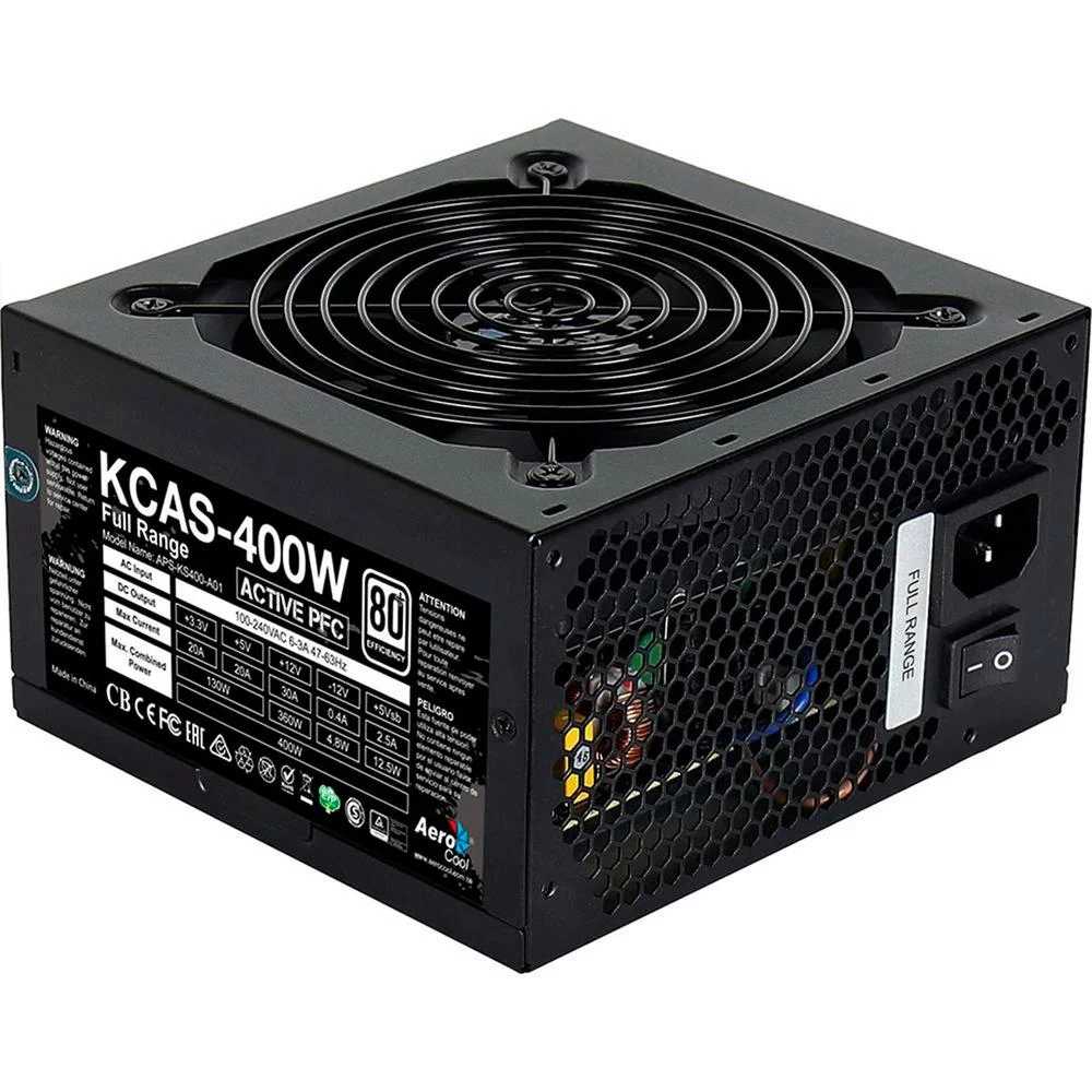 Fonte Aerocool Gamer, 400W, 80 Plus, PFC Ativo, White Full Range, KCAS Fonte Aerocool Gamer, 400W, 80 Plus, PFC Ativo, White Full Range, KCAS