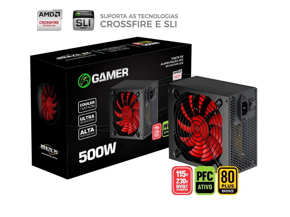 Fonte Brazil PC Gamer ATX, 500W, 80 Plus Bronze, PFC Ativo - BPC/500 Fonte Brazil PC Gamer ATX, 500W, 80 Plus Bronze, PFC Ativo - BPC/500