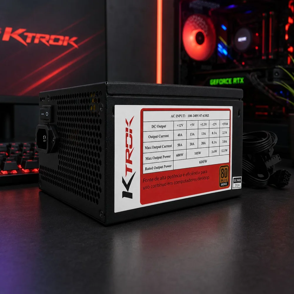 Fonte Ktrok, 600W, 80 Plus Bronze, PFC Ativo, 115V/230V