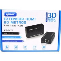 Extensor Hdmi Até 60 Metros Tv 3d Cabo Utp Rede Rj45 Cat5e Kp-3470 Com 2 Fontes