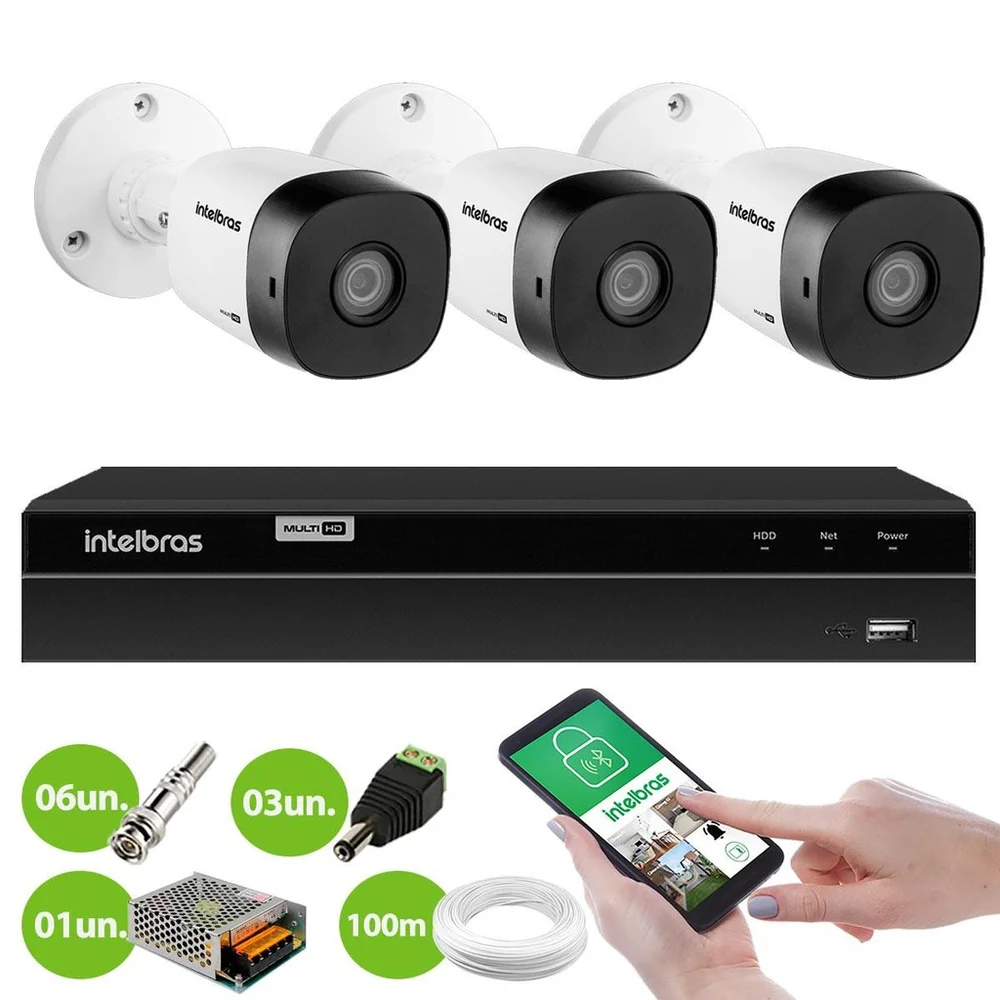 Kit 3 Câmeras Intelbras Bullet 01, 1080p, 3.6 mm, Proteção IP67, Branca