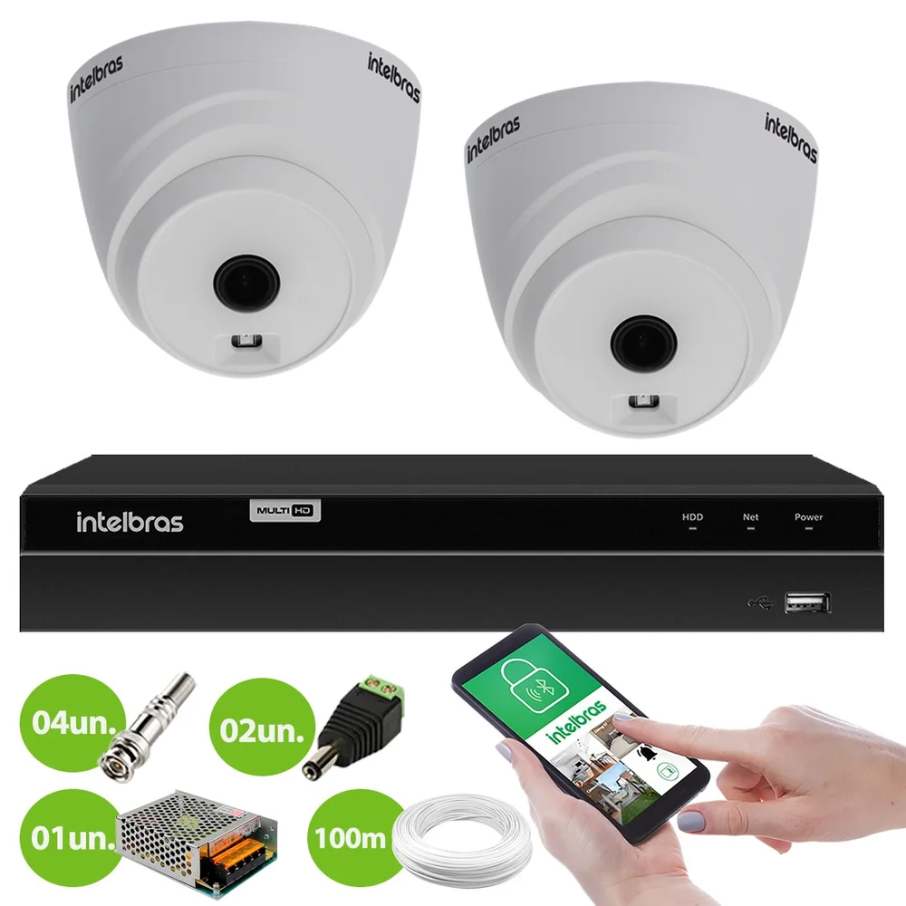 Kit 2 Câmeras Dome HD 720p, Vhl 1120 D 3.6mm Ir 20 + Dvr Gravador Intelbras Mhdx 1204 4 Canais